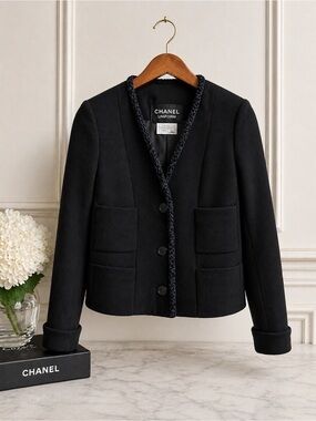 Chanel Uniform Black Cropped Jacket – Tweed Trim – Size 38 (Fits Small)